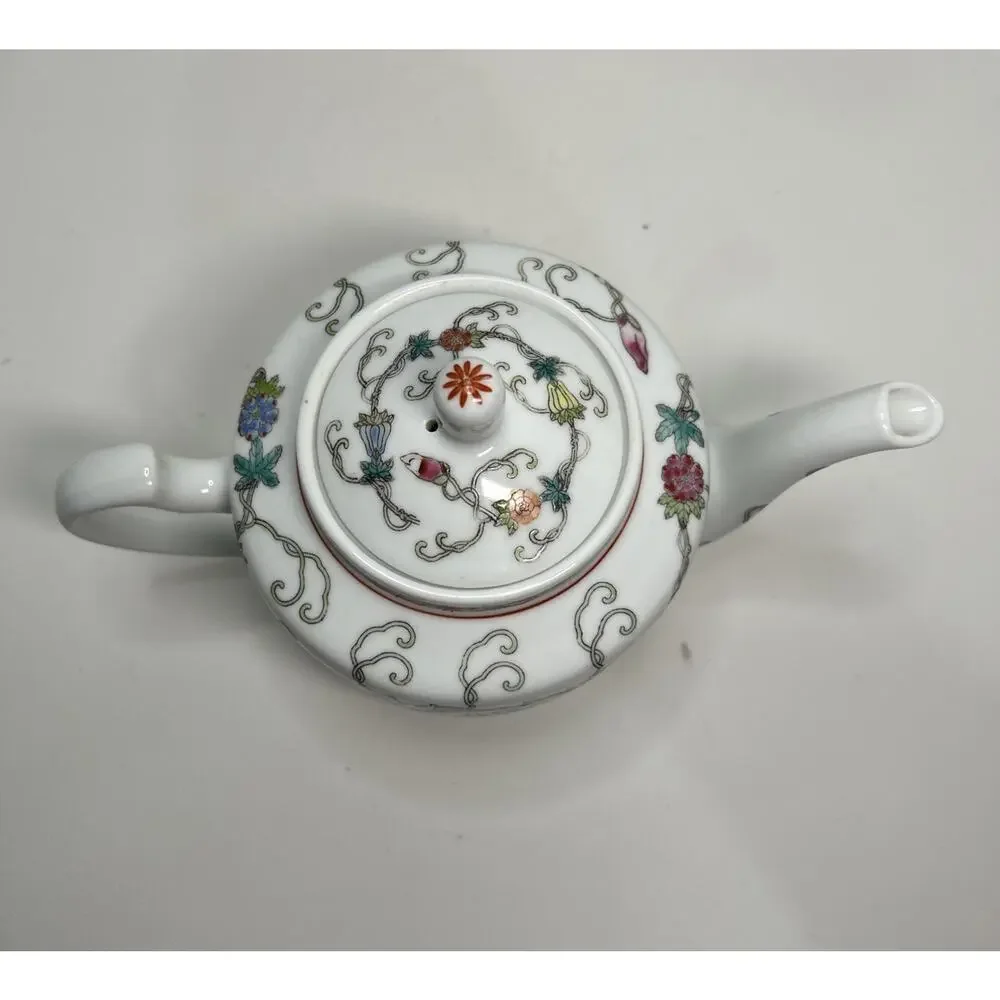 Vtg Chinese Jingdezhen Porcelain Floral Teapot Hand Painted Flowers Butterflies